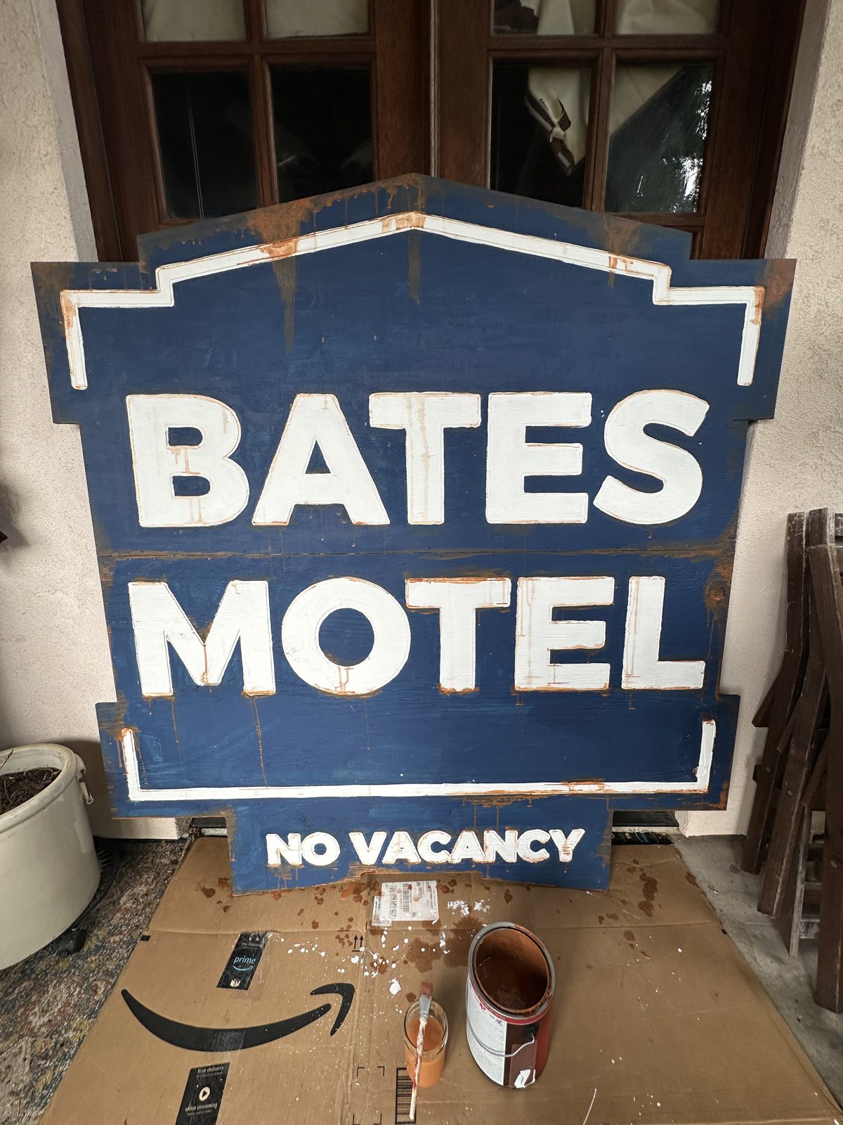 Finished painted Bates Motel sign with rust drips and No Vacancy panel